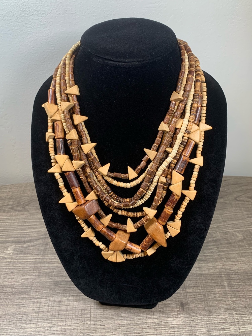 Chico’s Wooden Beaded Statement Bib Necklace Boho Tribal